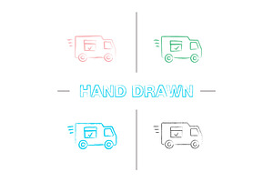 Delivery Van With Checkmark Hand Drawn Icons Set