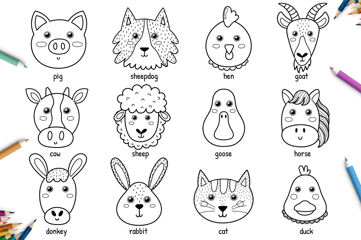 Farm Animals Faces Collection, an Animal Illustration by Gulnara Sabirova (Photo 3 of 8)