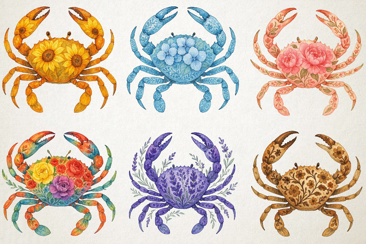 Watercolor Floral Crabs PNG Clipart, an Animal Illustration by RobertsArt (Photo 4 of 6)
