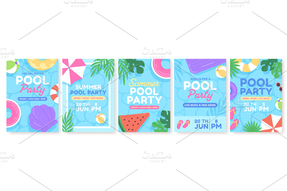 Pool party cards. Summer seasonal, an Object Illustration by LadadikArt