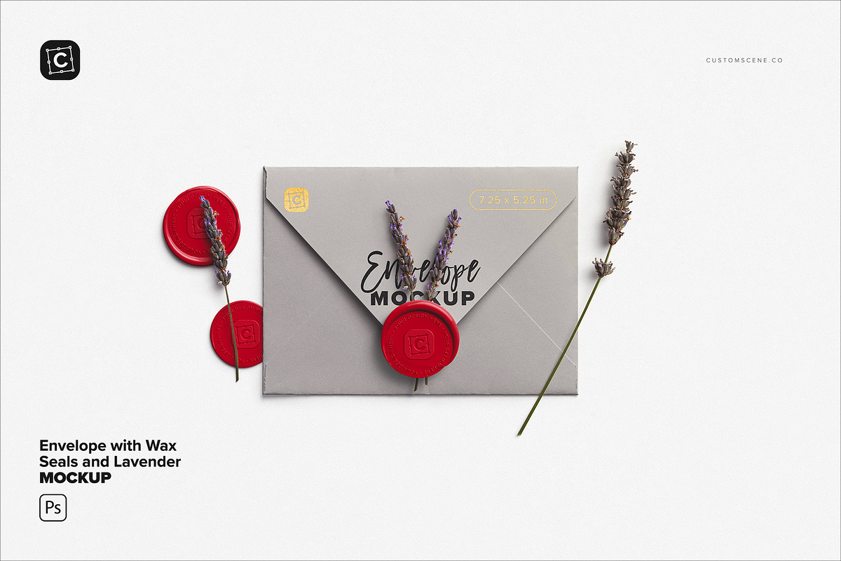 Envelope with Wax Seals and Lavender, a Product Mockup by Custom Scene (Photo 2 of 11)