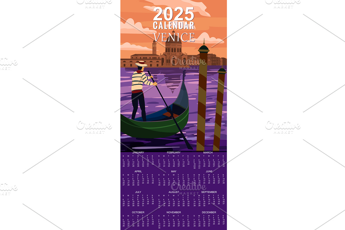 Calendar Monthly 2025 Venice Italia, an Illustration by Vector_Up