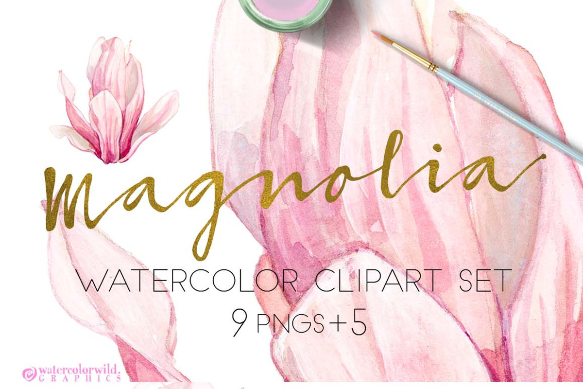 Magnolia-Clipart Set Watercolor, an Illustration by watercolorwild.graphics (Photo 1 of 9)