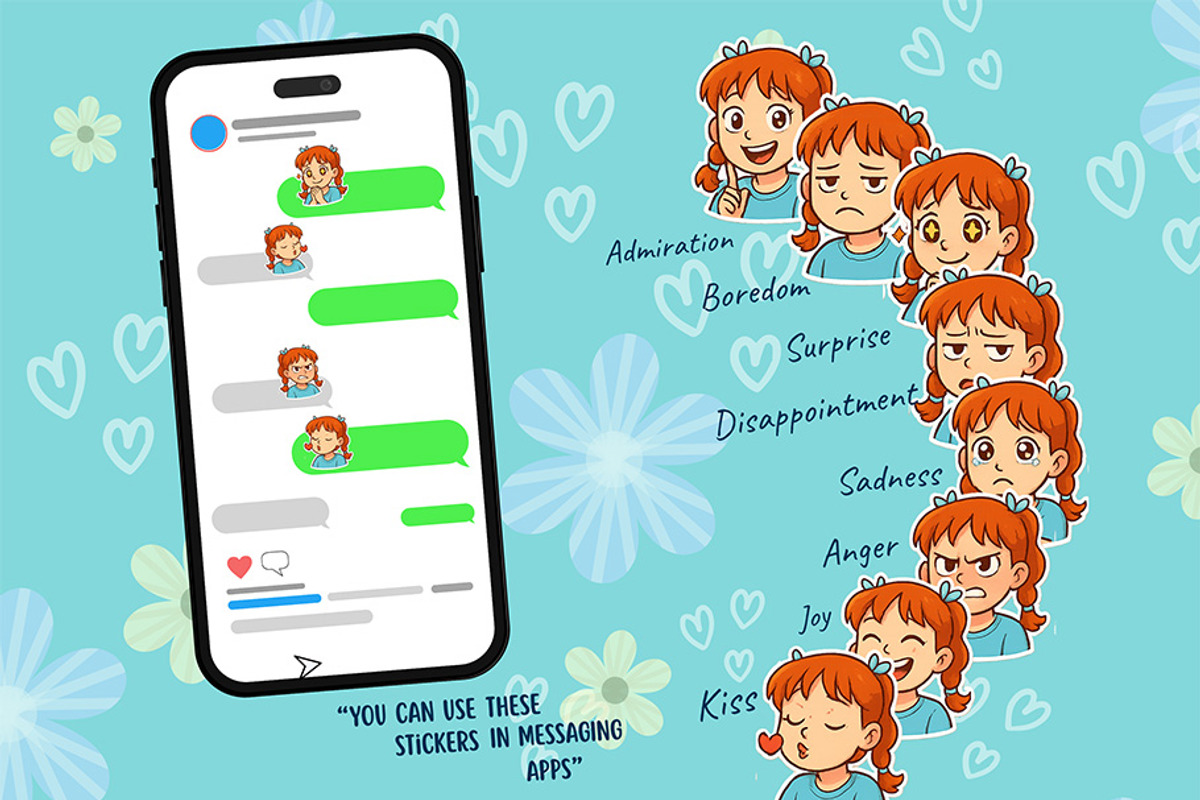 Cute Girl Emotions Sticker Pack, an Illustration by Svetlana Voloshina (Photo 4 of 4)