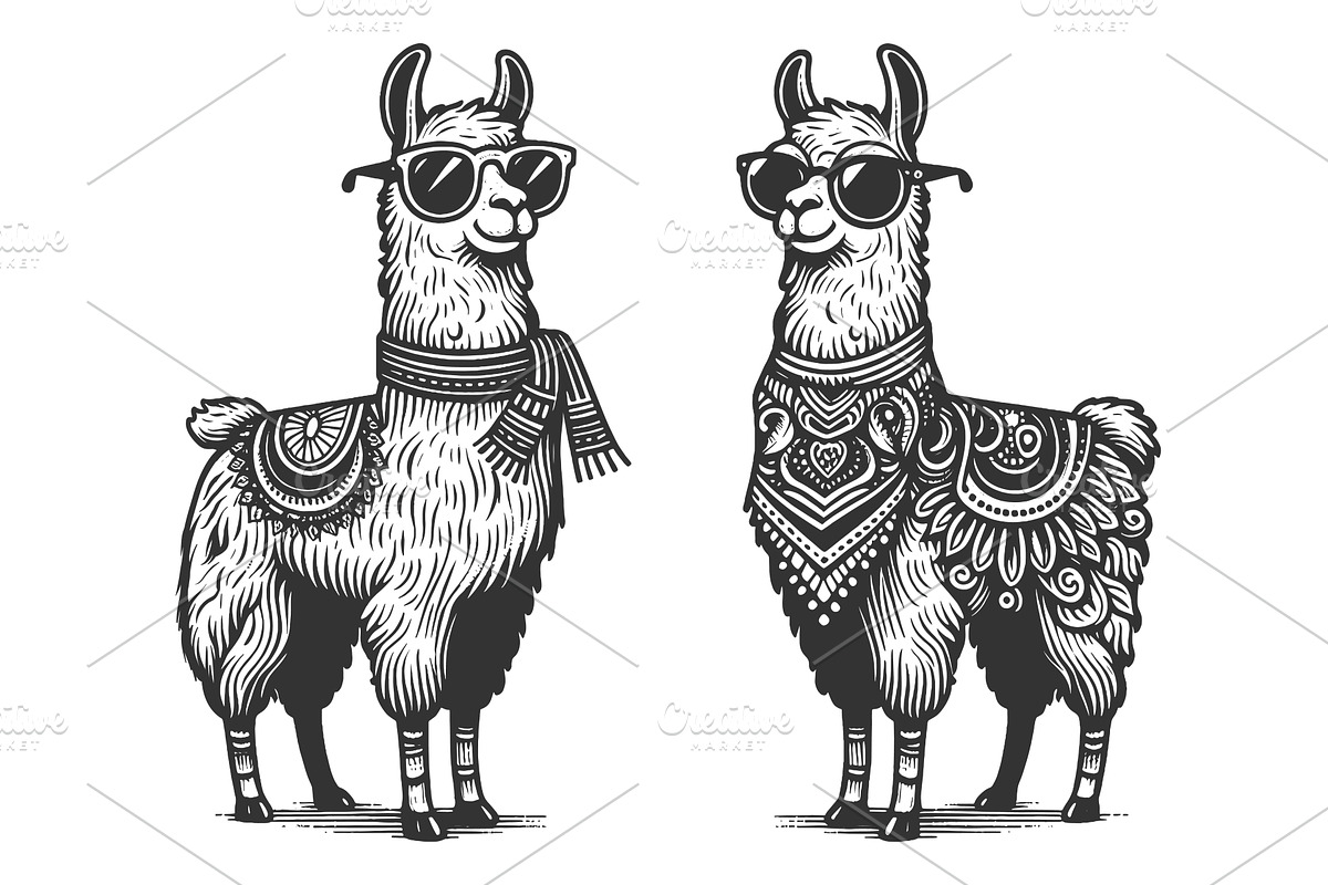 Stylish llamas wearing sunglasses, an Animal Illustration by AlexArt