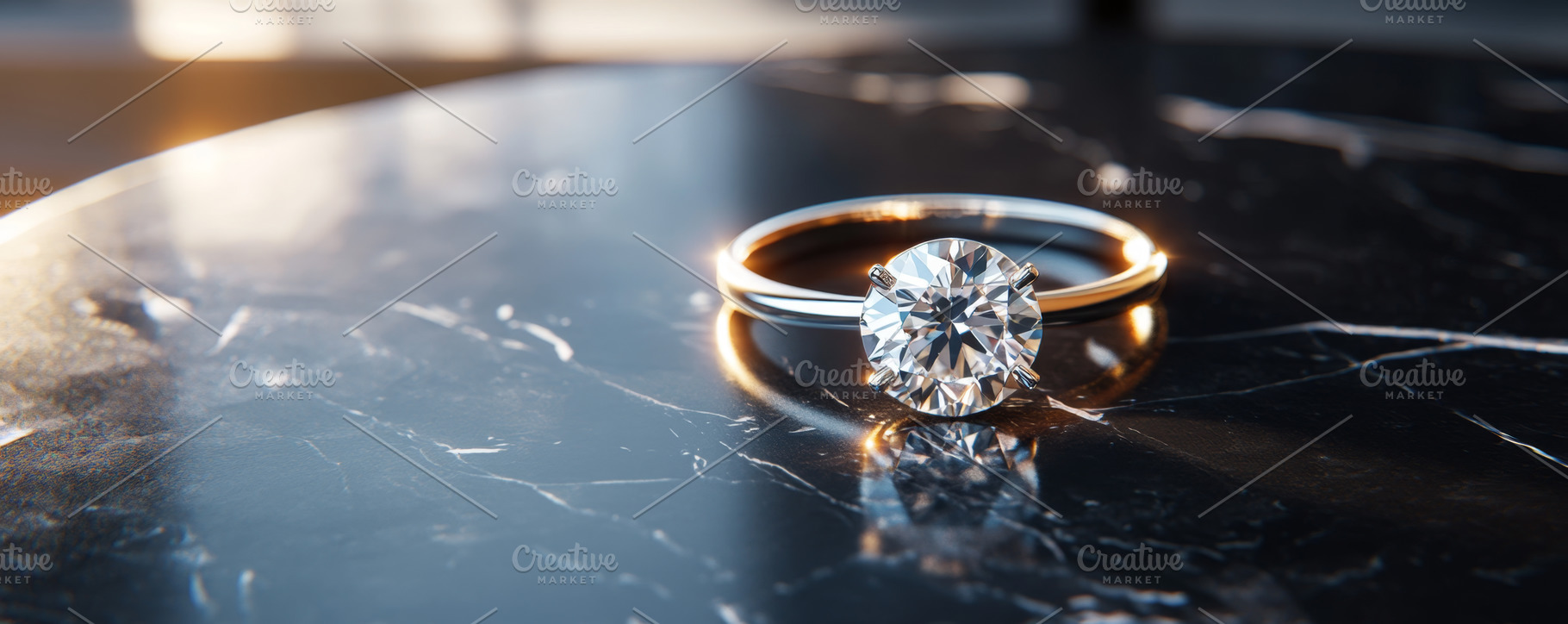 Gold Engagement Ring with Diamond on Black Marble, an Abstract Photo by Natalia Klenova's Shop