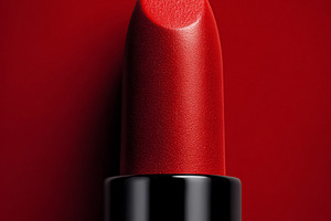 Red lipstick tube on red background, luxurious beauty concept co, a Photo by Studio ANNA