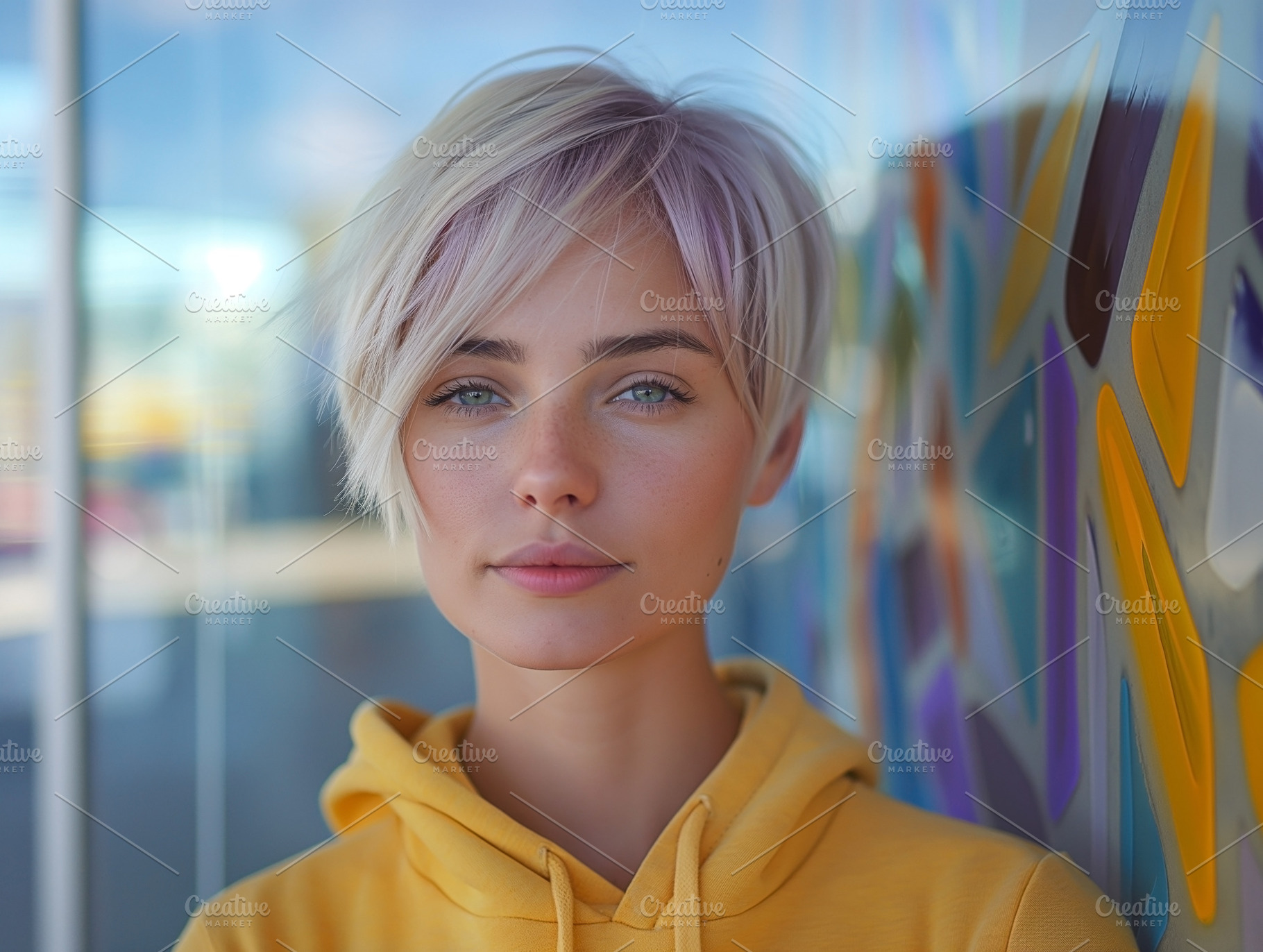 A young Caucasian woman with a stylish short haircut wearing a yellow hoodie, g, a Person Photo by ImageMir