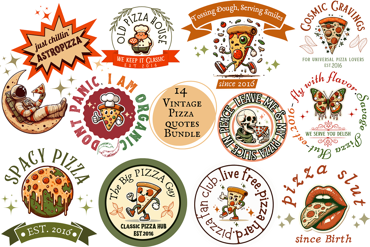 14 Vintage PIZZA Quotes Bundle, a Food Illustration by ClipArtTime (Photo 1 of 4)
