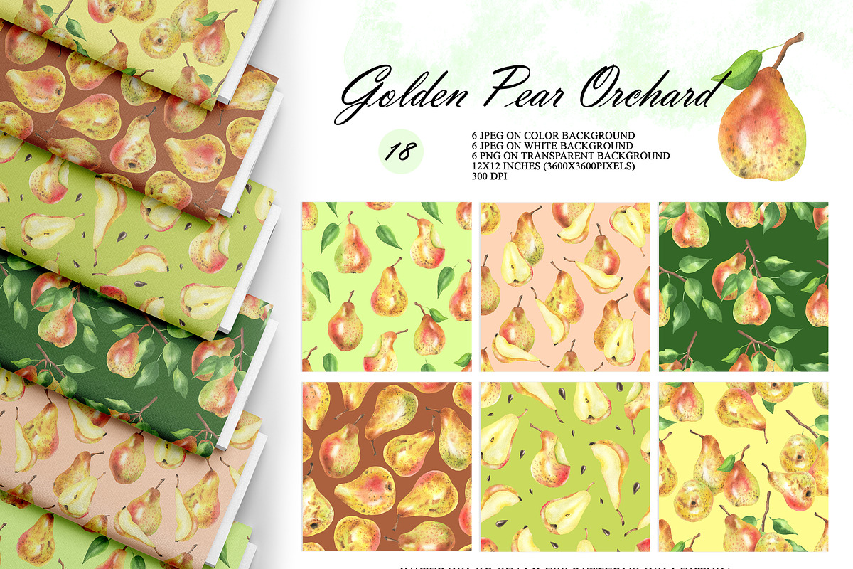 Watercolor Pear Seamless Patterns, a Food Illustration by OlDm_Shop (Photo 1 of 10)