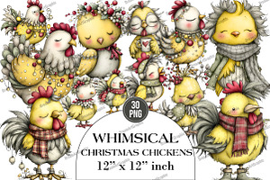 Whimsical Christmas Chickens Clipart, an Illustration by DreamArtGraphic