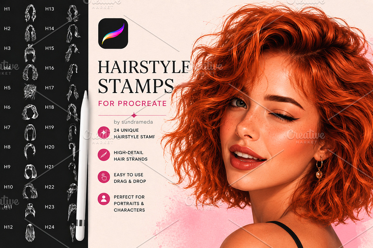 Hairstyle Stamp Brushes Procreate, a Brush Add-On by sundrameda (Photo 1 of 9)