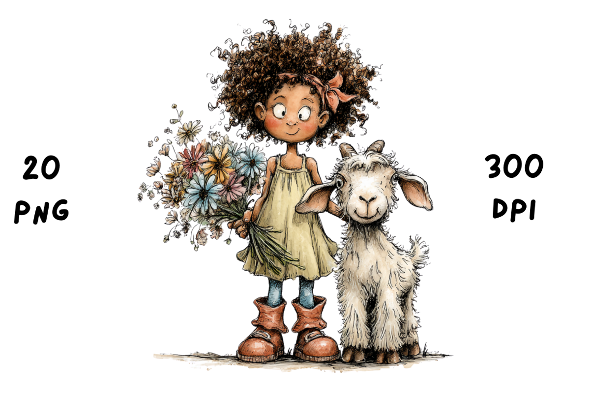 Whimsical Floral Girl and Baby Goat, an Animal Illustration by GiraffeCreative (Photo 15 of 20)