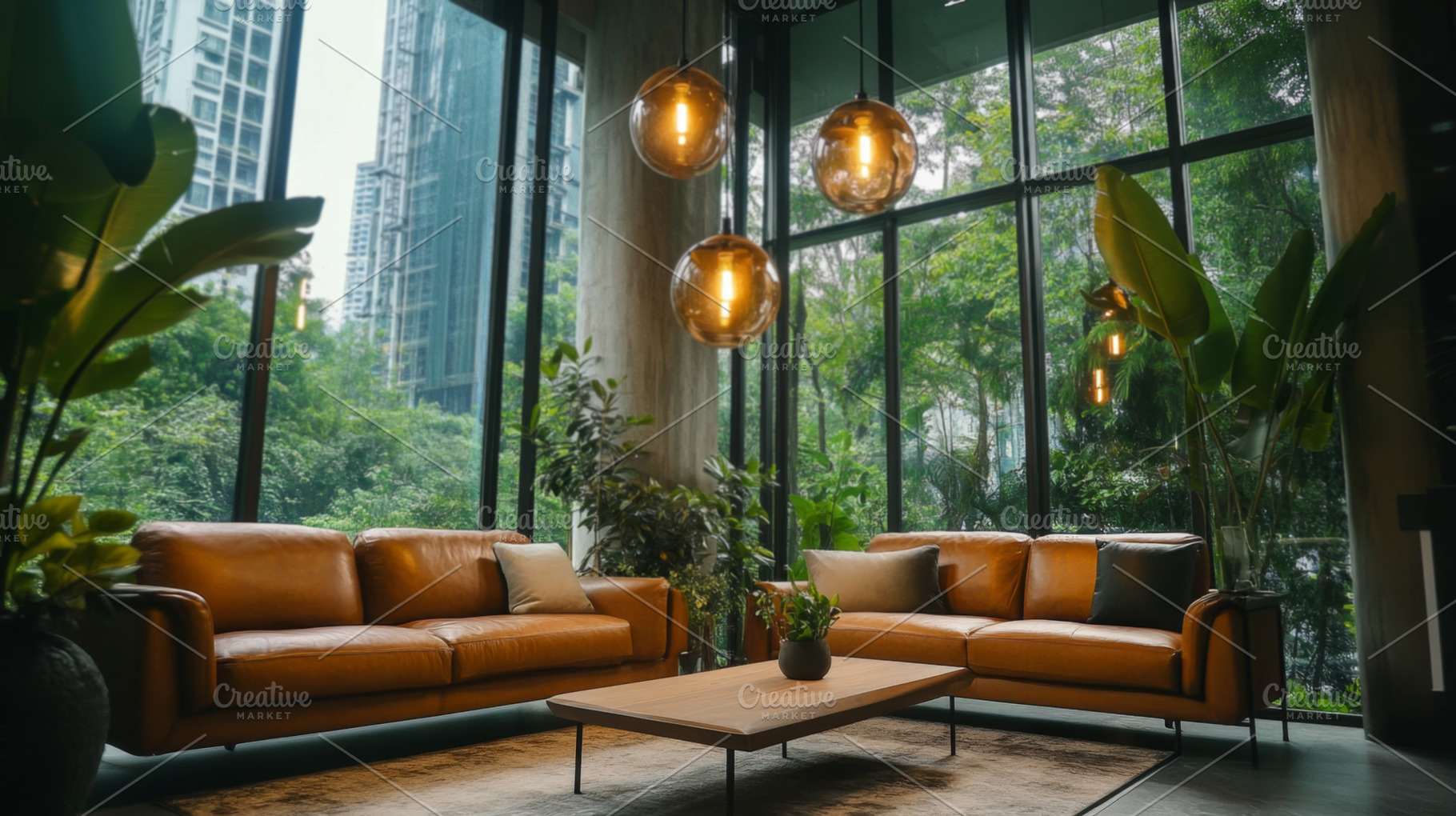 Modern Luxury Living Room with Large Windows and Forest View, an Abstract Photo by Natalia Klenova's Shop