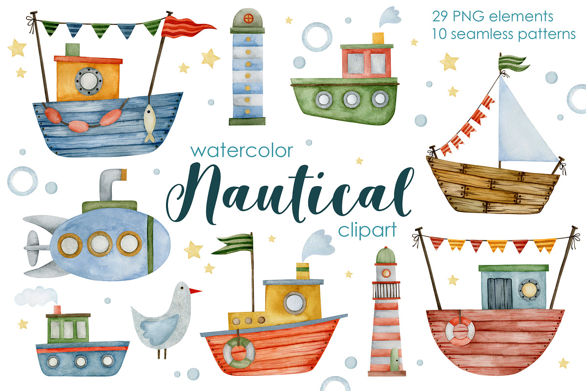 Watercolor Boat seamless patterns., a Decorative Illustration by Kira Konoshenko (Photo 1 of 16)