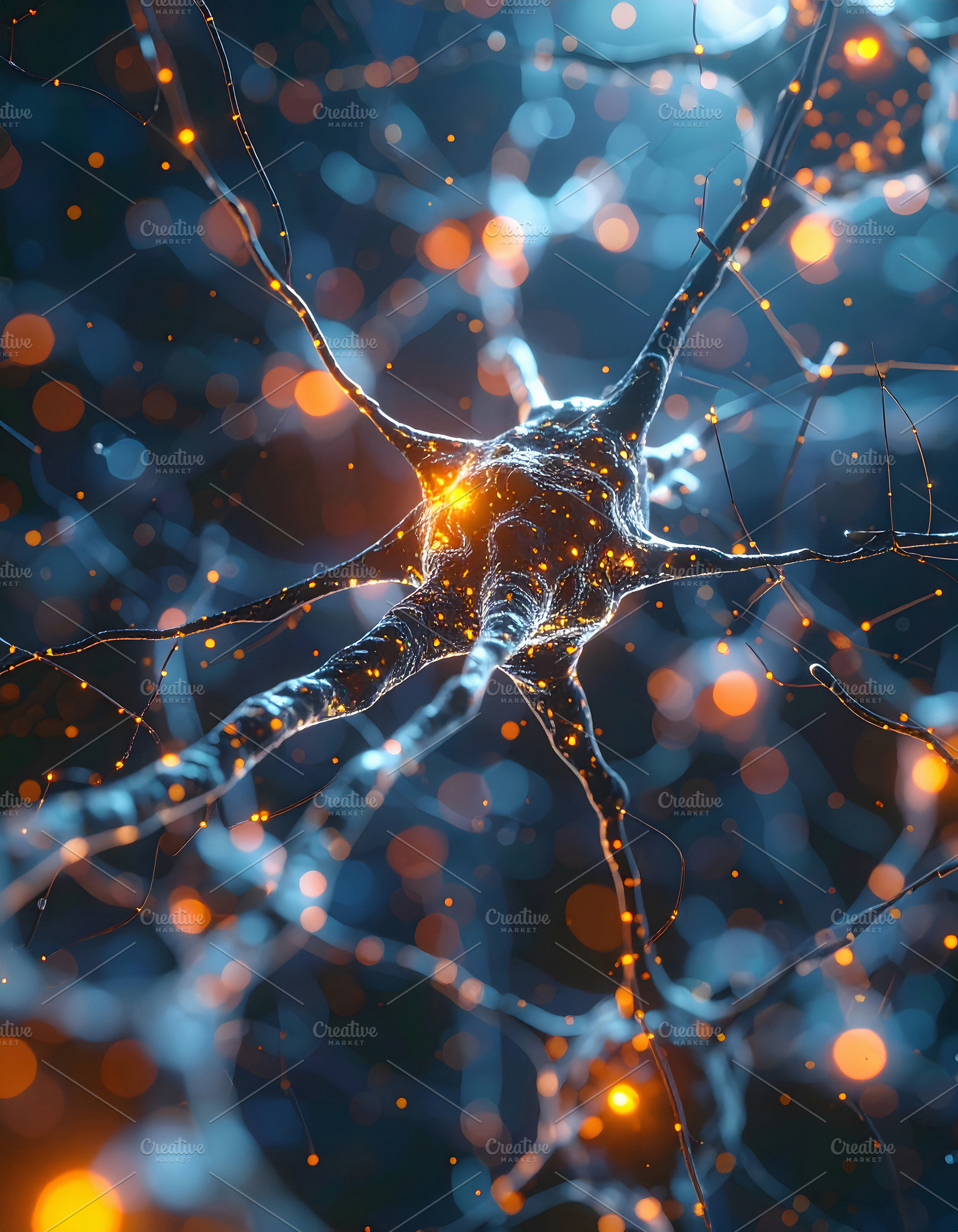 Neural network of interconnected neurons glowing with orange spa, a Health & Medical Photo by GoodGoods