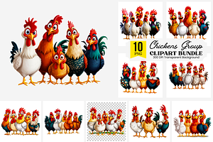 10 Funny Chickens Group PNG Clipart, an Illustration by Clipart Bloom