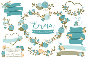 Vintage Blue Floral Heart Clipart, an Illustration by Amanda Ilkov