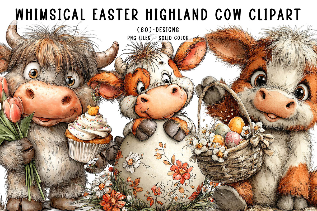 Whimsical Easter Highland Cow Clipar, an Illustration by CreationArt (Photo 1 of 7)