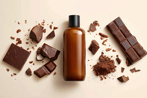 Dark choc and bottle on table, a Photo by Beautiful things