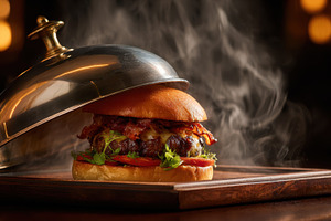 Delicious burger served with steam, a Photo by Beautiful things