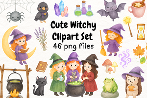 Watercolor Witch Clipart Set