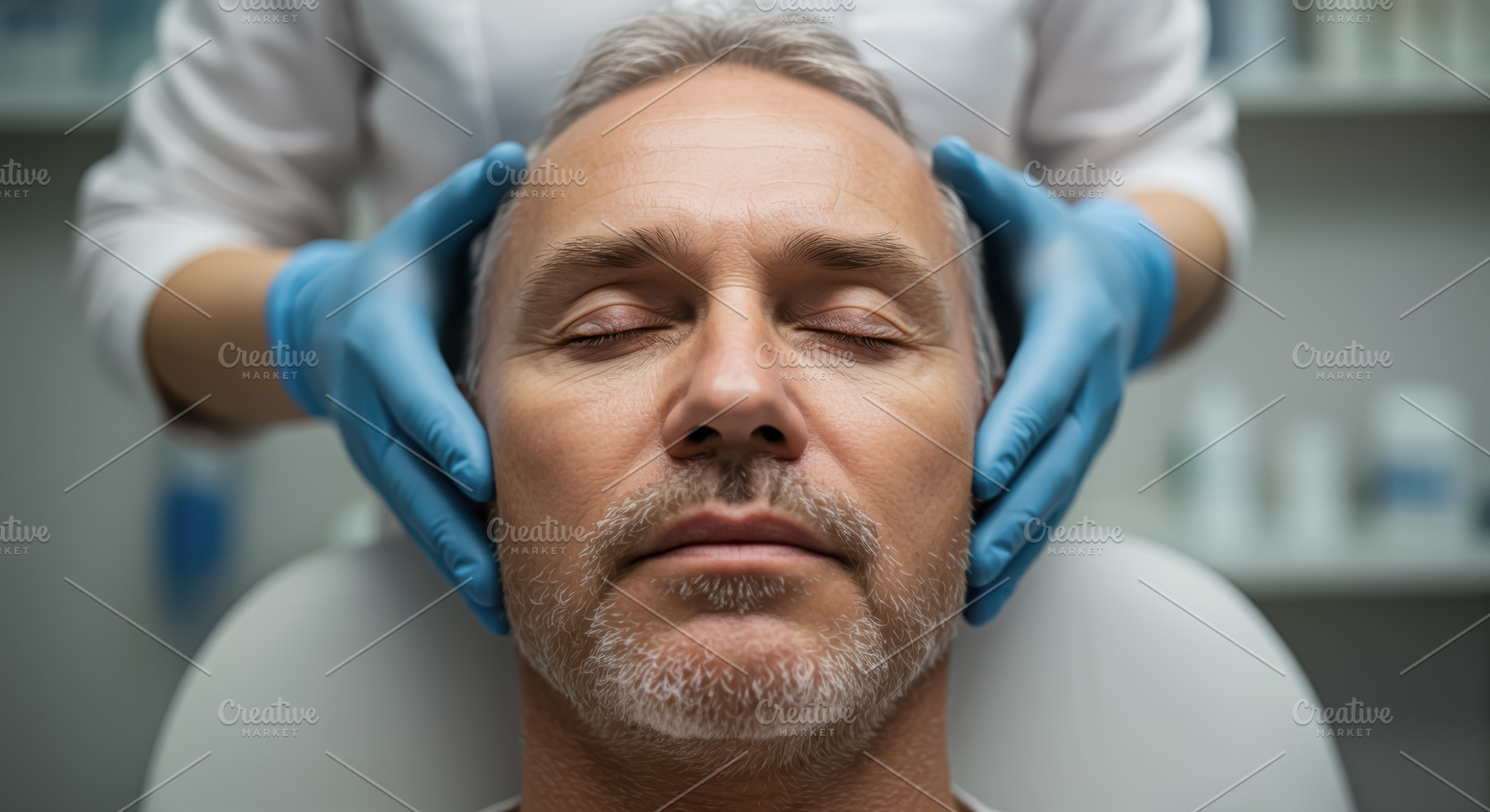 Adult man receiving facial treatment, a Photo by angellodeco