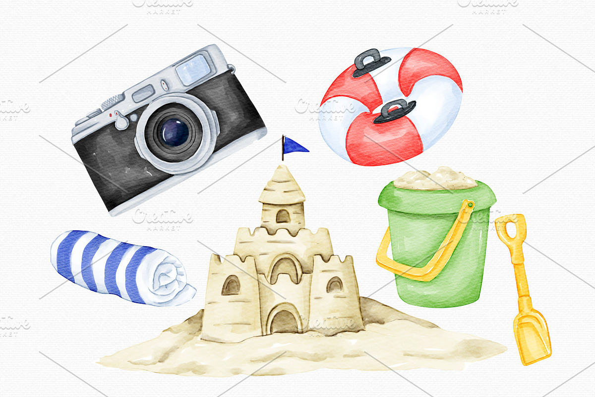 Watercolor Summer Beach Set, an Illustration by MiracleArtAndDesign (Photo 4 of 4)