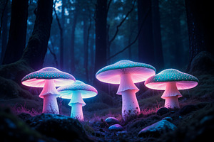 Bioluminescent glowing mushrooms, a Photo by rarrarorro
