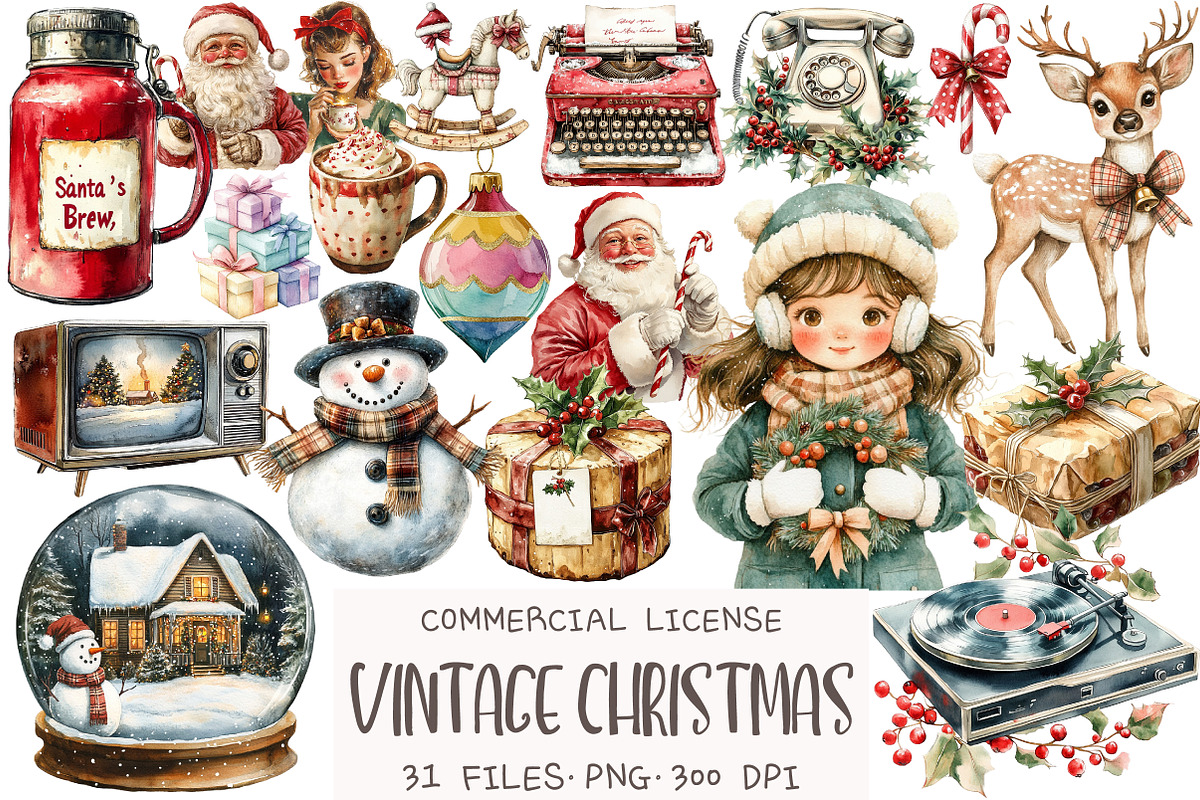 Vintage Christmas Clipart, an Illustration by OK Design (Photo 1 of 5)