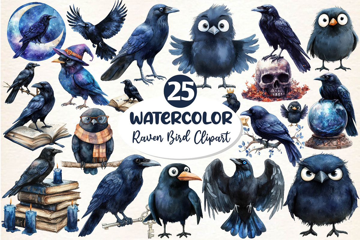 Watercolor Raven Clipart, an Illustration by Dream Creation (Photo 1 of 5)
