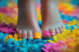 Colorful Pedicure Toenails on Flower, a Beauty & Fashion Photo by Pixeness Studio