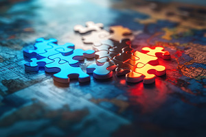 Puzzle pieces, colored blue & orange, a Photo by Pavel_design