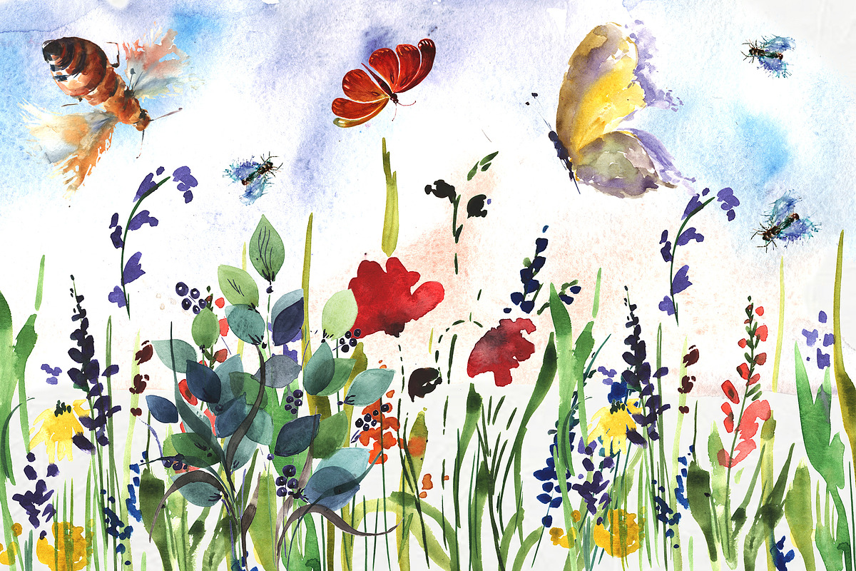 Watercolor set. Flower meadow, bee,, an Illustration by ElliaArt (Photo 8 of 8)