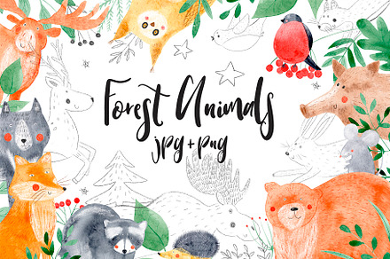 Cute forest animals. Watercolor set.