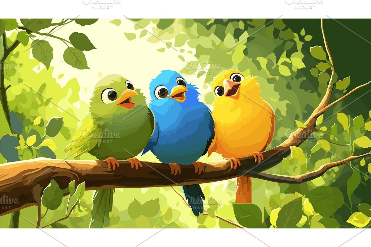 Birds on branch. Green blue yellow, an Animal Illustration by Stock-Smart-Start