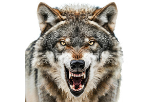 Angry grey wolf showing teeth on, an Animal Photo by Ylivdesign
