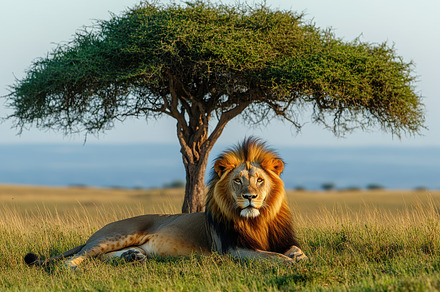 Majestic lion rests beneath acacia t, an Animal Photo by Pixeness