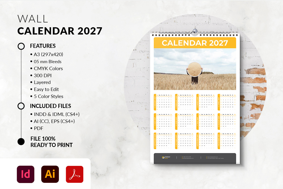 2027 Wall Calendar A3 Print Template, a Stationery Template by MstArtwork (Photo 3 of 5)