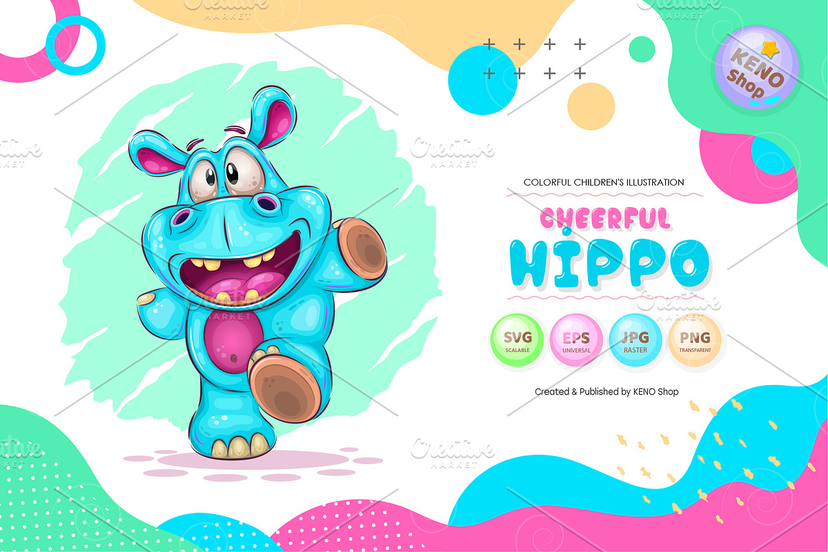 Cheerful cartoon hippo. Tshirt, PNG., an Animal Illustration by KENO Mascots (Photo 1 of 4)