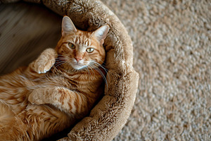 Top view of cute red cat lying on soft dog bed in home interior, a Photo by AlyaAnd