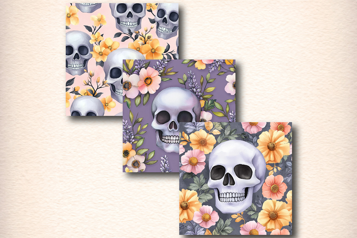 Floral Skull Digital Paper, a Pattern Graphic by Digital Artistic99 (Photo 6 of 7)