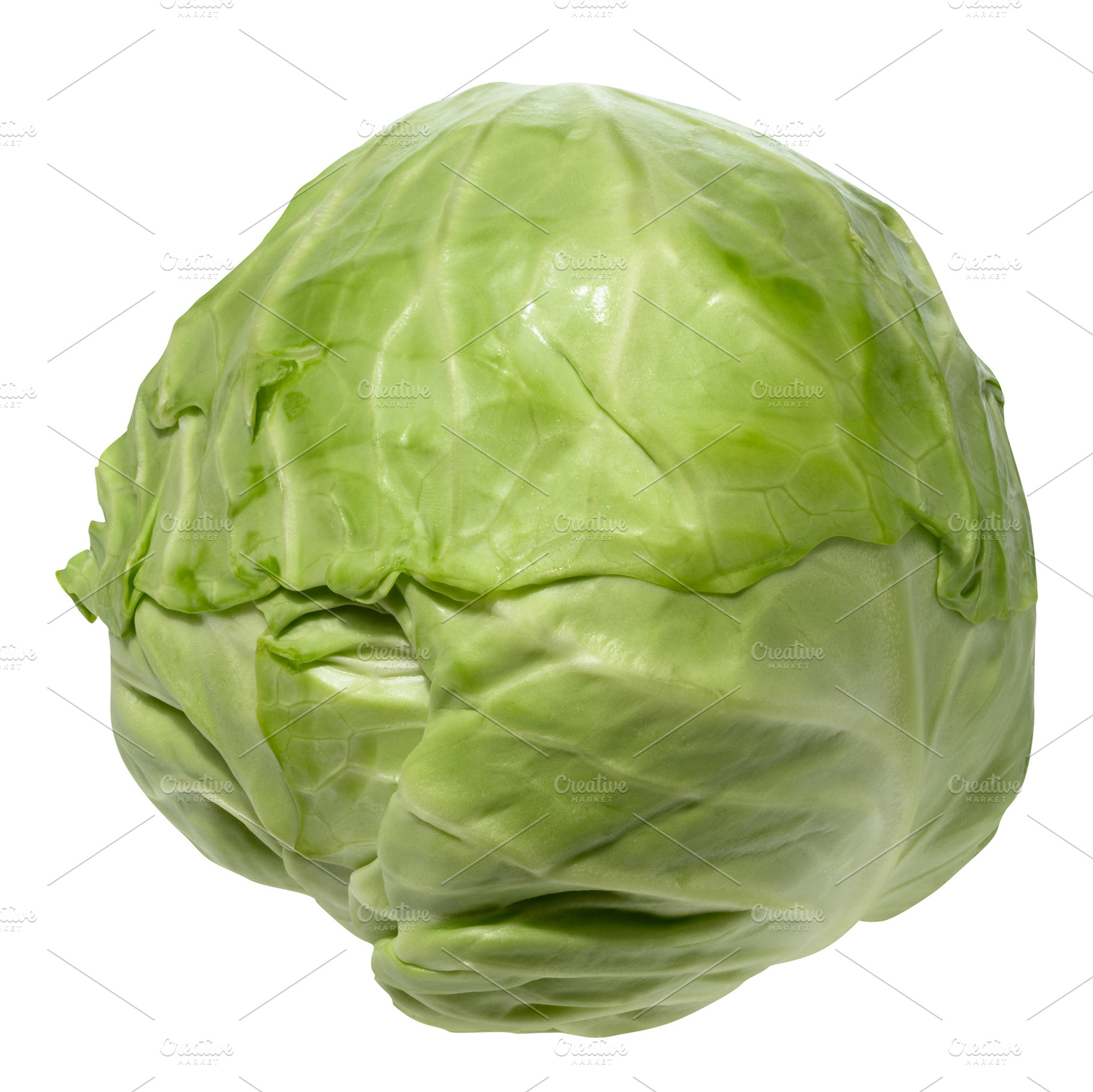 A whole fresh green cabbage with crisp leaves, isolated on a whi, a Food & Drink Photo by ndanko