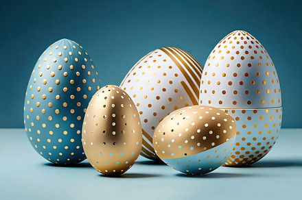 Easter eggs decorated with gold and blue colors. Generative AI, a Holiday Photo by OSORIOartist