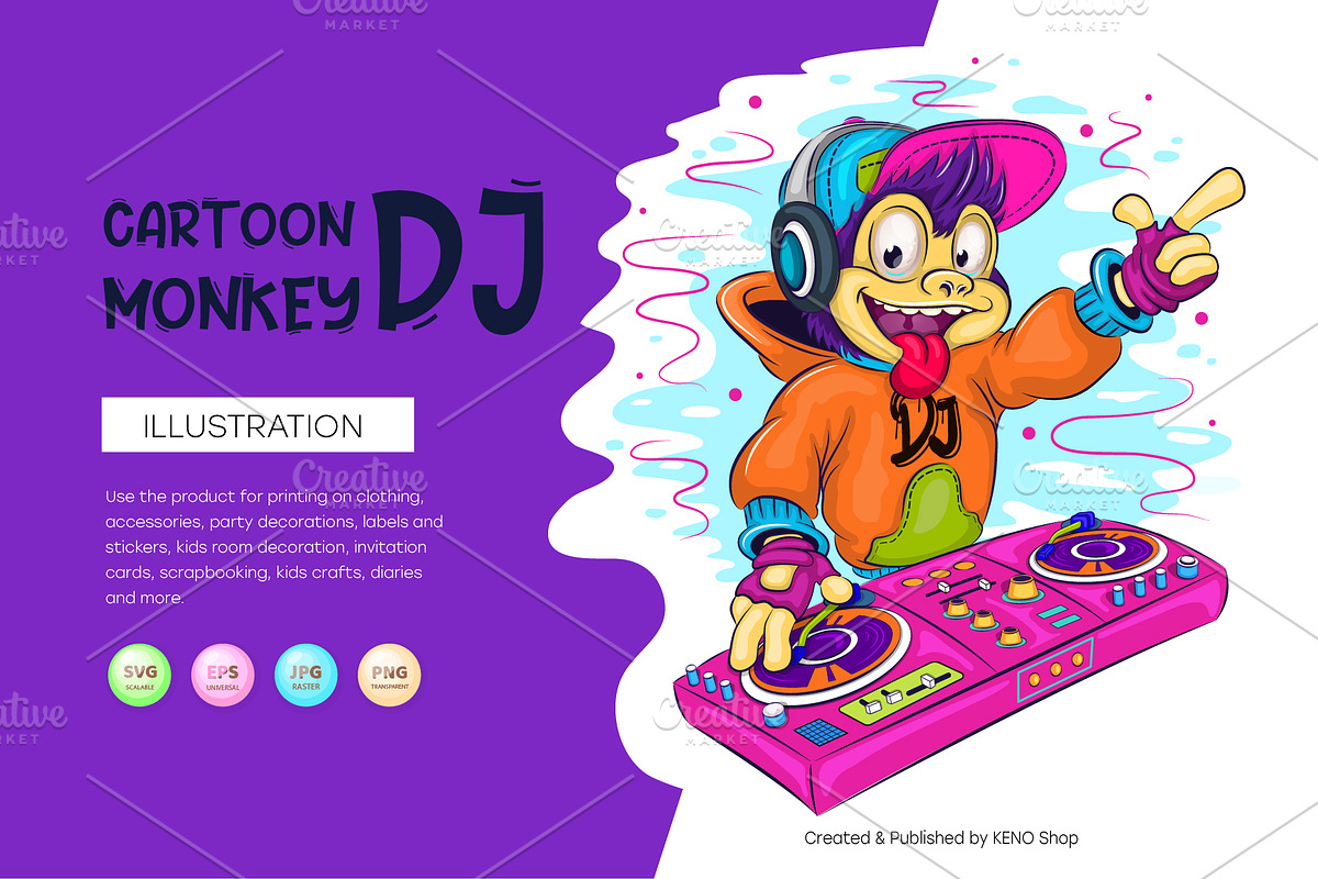 Cartoon monkey DJ. Tshirt, PNG., an Animal Illustration by KENO Mascots (Photo 1 of 7)