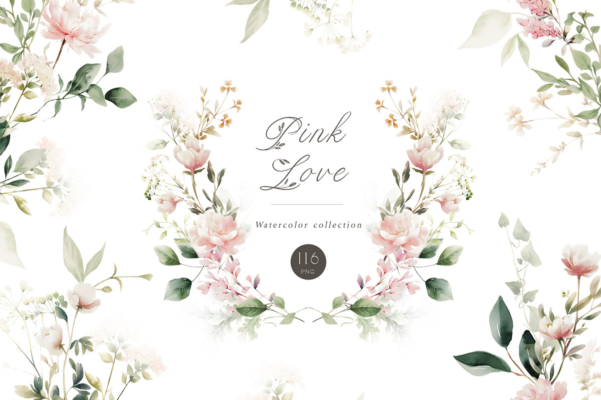 Pink Love floral clipart, a Decorative Illustration by heyiamalice (Photo 1 of 9)