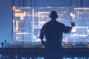 Engineer at control panel with futuristic transport technology interface, an Illustration by AS photostudio