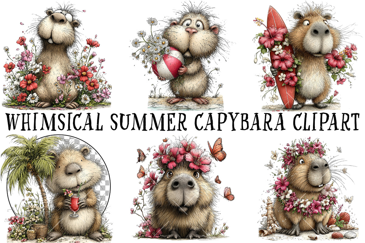 Whimsical Summer Capybara Clipart, an Illustration by OK Design (Photo 2 of 6)