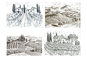 rustic vineyard. rural landscape with houses. solar tuscany background. fields and cypress trees. harvesting and haystacks. engraved hand drawn in old sketch and vintage style for label., an Illustration by Arthur Balitskiy