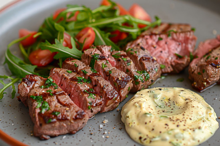 Plate featuring minute steak topped, a Photo by Iftikhar Alam
